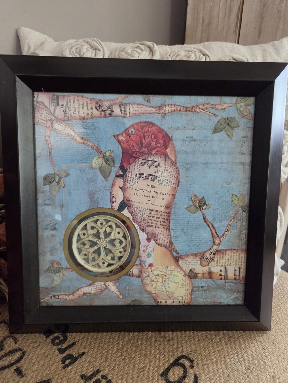 Kirklands Framed Mixed-Media Bird Collage in Blue and Red